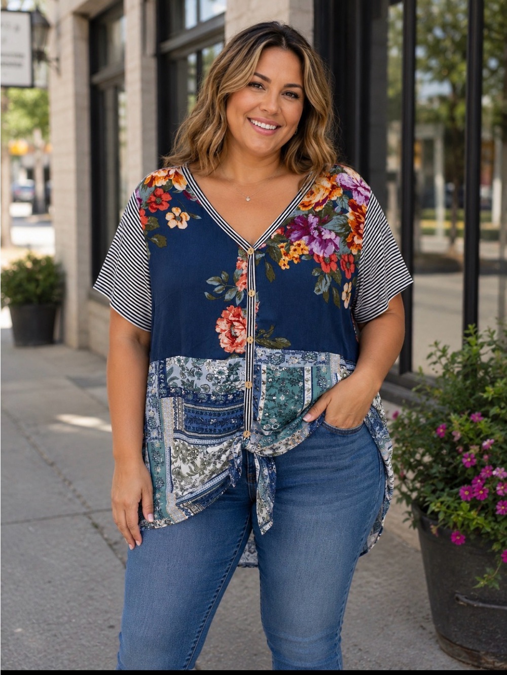 Oddy Boho Floral Tie-Front V-Neck Top - Navy